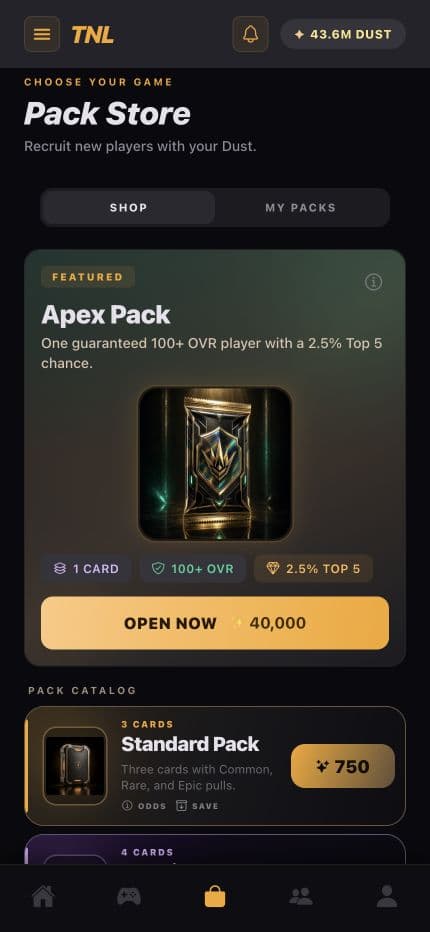 Team Next-Level pack store with featured and standard player-card packs